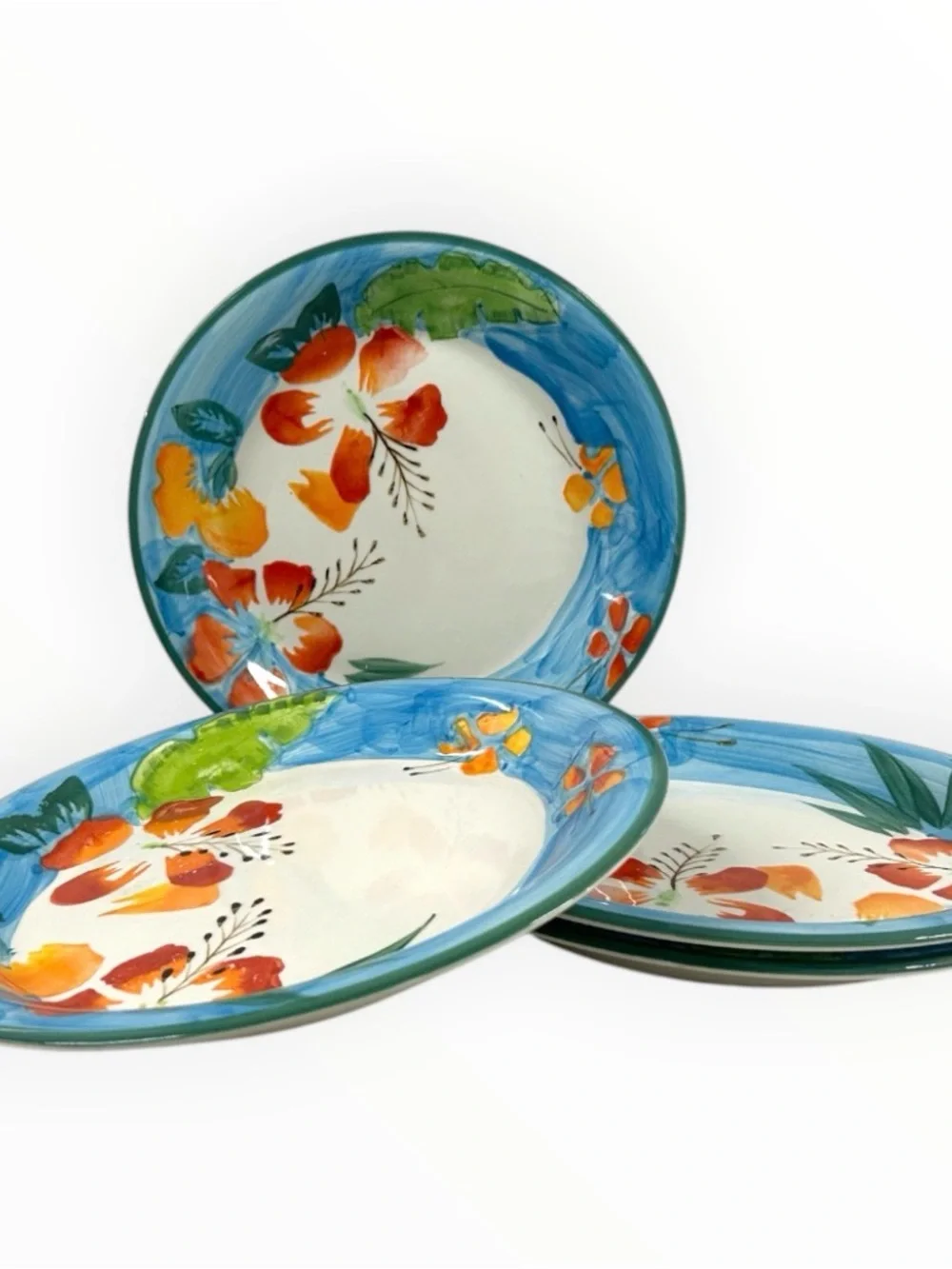 Royal Norfolk Hand Painted Floral Dinner Plates Set of 4 Blue Rim 10.5”